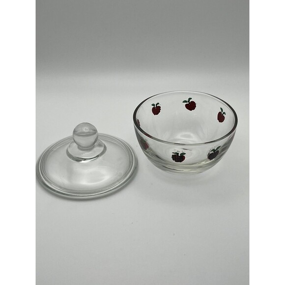 Vintage Anchor Hocking Covered Sugar Bowl Jam Jelly Jar Red Apple Designs Used - Picture 5 of 7